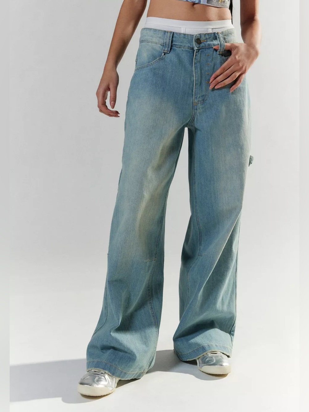 Jaded London Colossus Carpenter Wide Leg Jeans in Light Denim